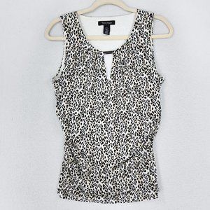 WHBM Shirt Womens Medium White Black Leopard Print Ruched Blouse Sleeveless